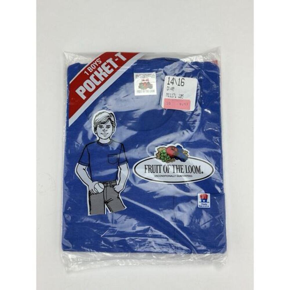 Vintage 1987 Fruit Of The Loom Boys Blue Front Pocket Tshirt Made In The USA New